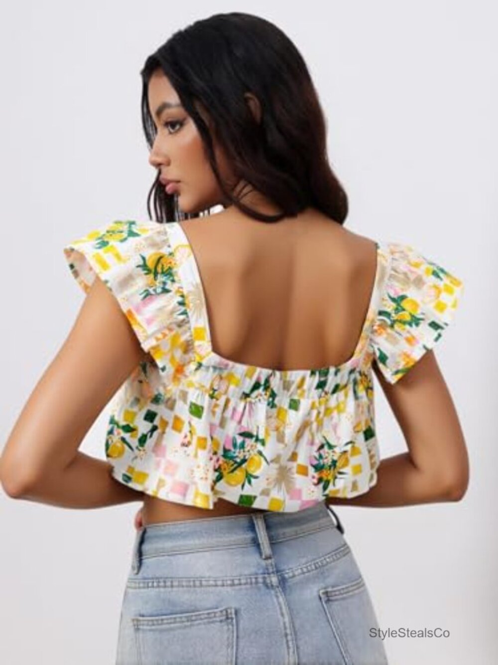 Printed Square Neck Crop Top Cap Sleeve Ruffle Hem Blouse - Picture 2 of 7